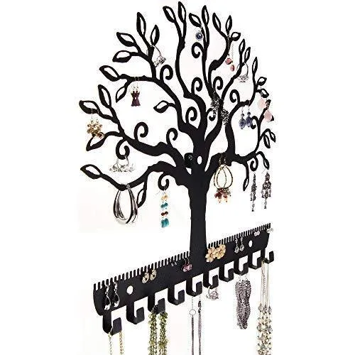 Angelynn's Jewelry Organizer Hanging Earring Holder Wall Mount Necklace Display Rack Storage Branch Rack, Tree of Life Black