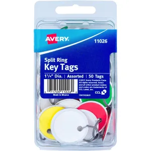 Avery(R) Metal Rim Key Tags, 1-1/4" Diameter Tag, Metal Split Ring, Assorted Colors, 50 Tags (11026)