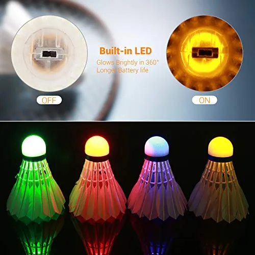 Badminton Shuttlecocks,Sportneer LED Badminton Shuttlecocks 360° Lighting Birdies for Badminton Glow in The Dark Shuttlecocks for Indoor or Outdoor Sports Activities 8-Pack