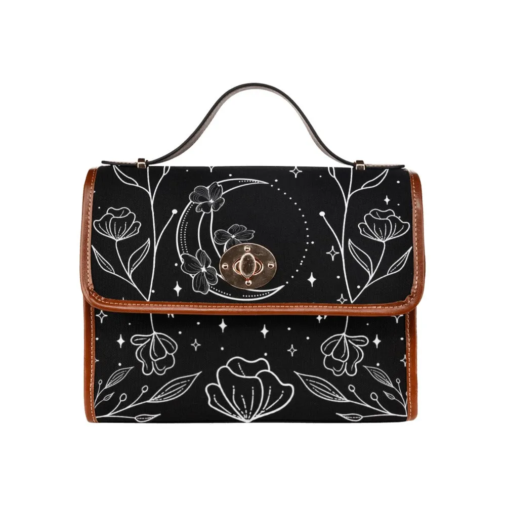 Black White Floral Moon Canvas Purse