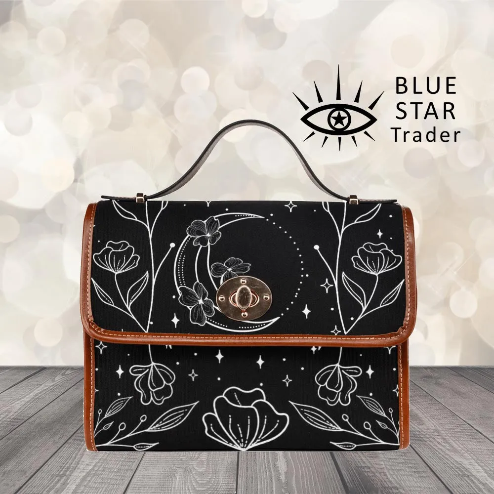 Black White Floral Moon Canvas Purse