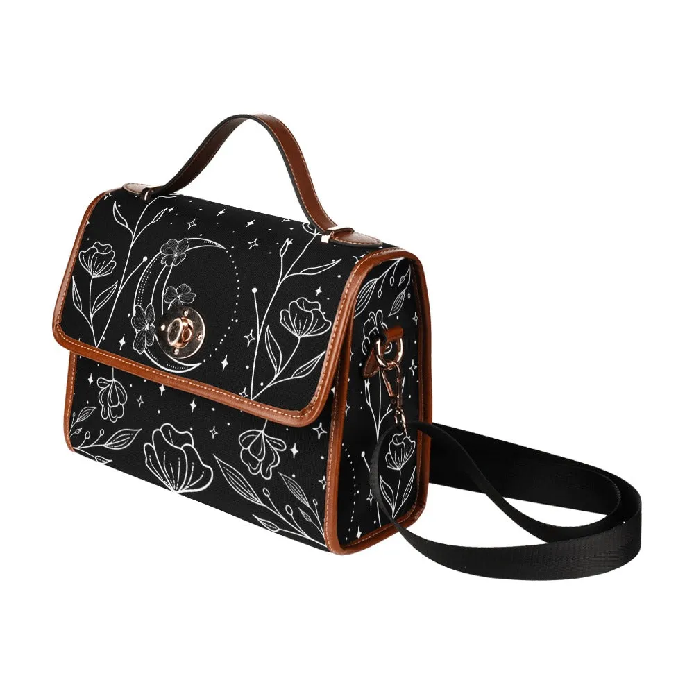 Black White Floral Moon Canvas Purse