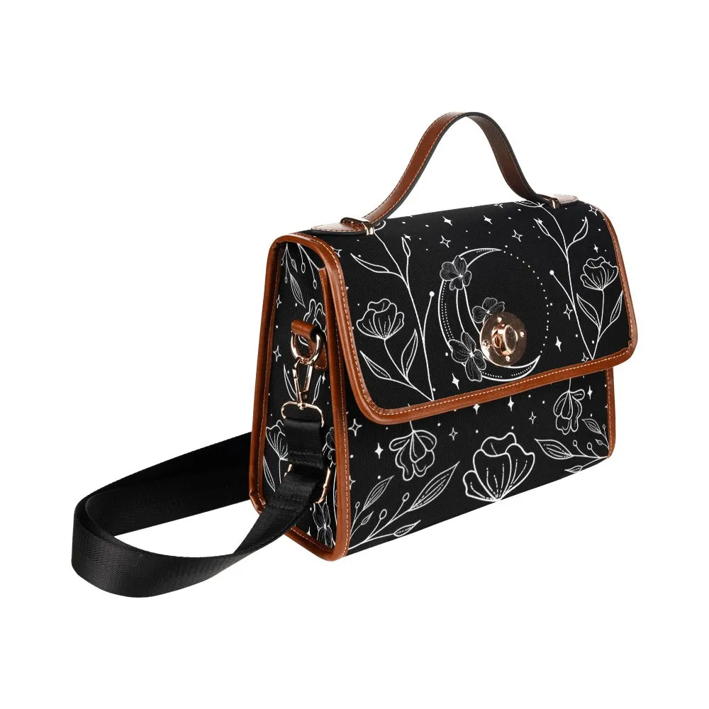 Black White Floral Moon Canvas Purse