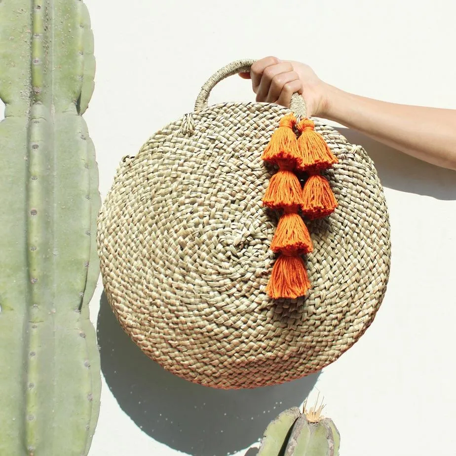 Brunna Luna Bag - Round Straw Tote Bag with Pumpkin Orange Tassels