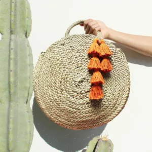 Brunna Luna Bag - Round Straw Tote Bag with Pumpkin Orange Tassels