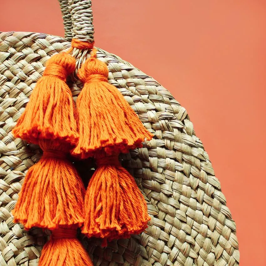 Brunna Luna Bag - Round Straw Tote Bag with Pumpkin Orange Tassels