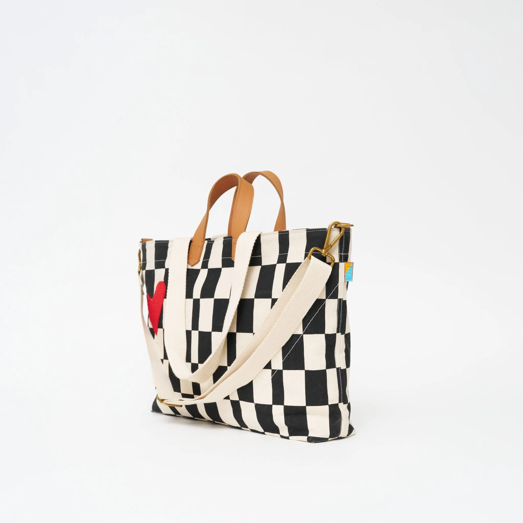 Carryall Bag - Black Checker with Red Beaded Heart