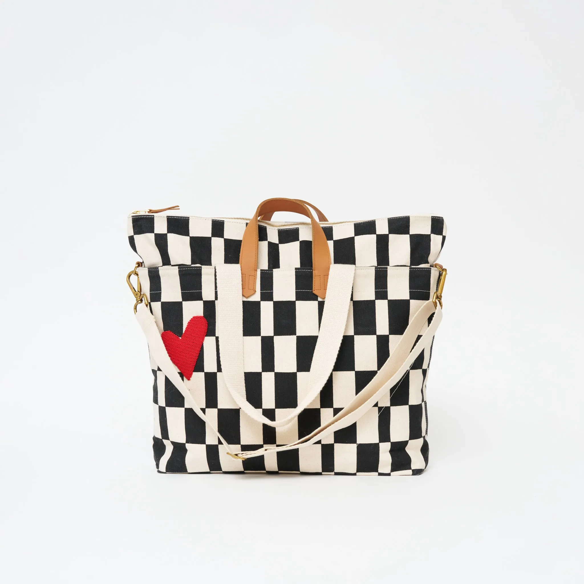 Carryall Bag - Black Checker with Red Beaded Heart