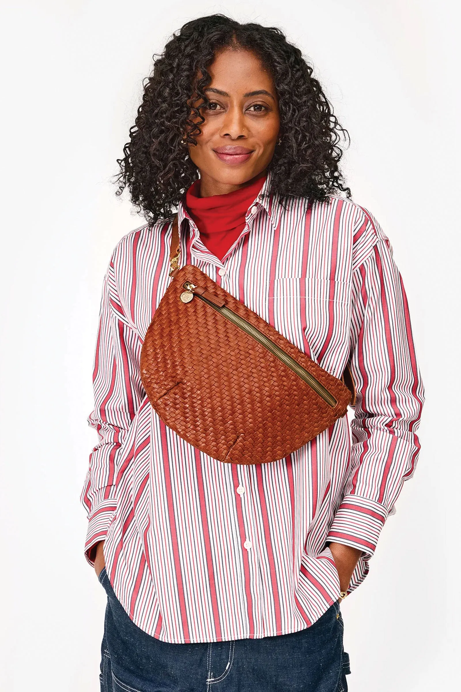 Clare V Grande Fanny in Hazelnut Woven Zig Zag