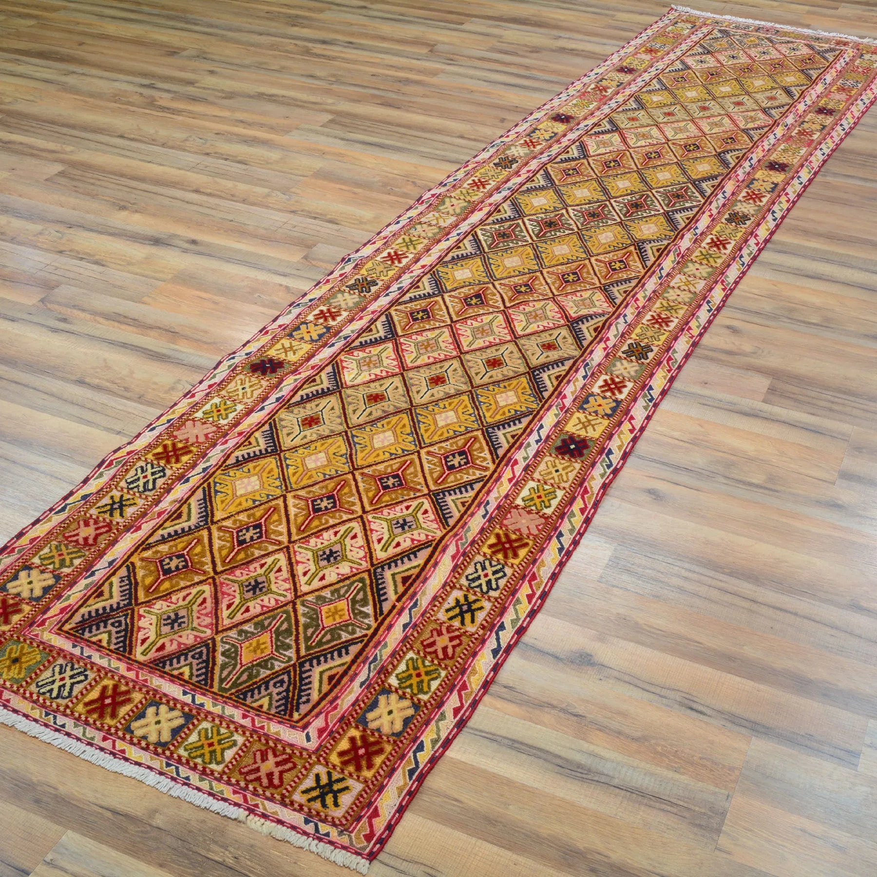Hand-Knotted and Soumak Geometric Design Wool Rug (Size 2.4 X 11.1) Cwral-8793