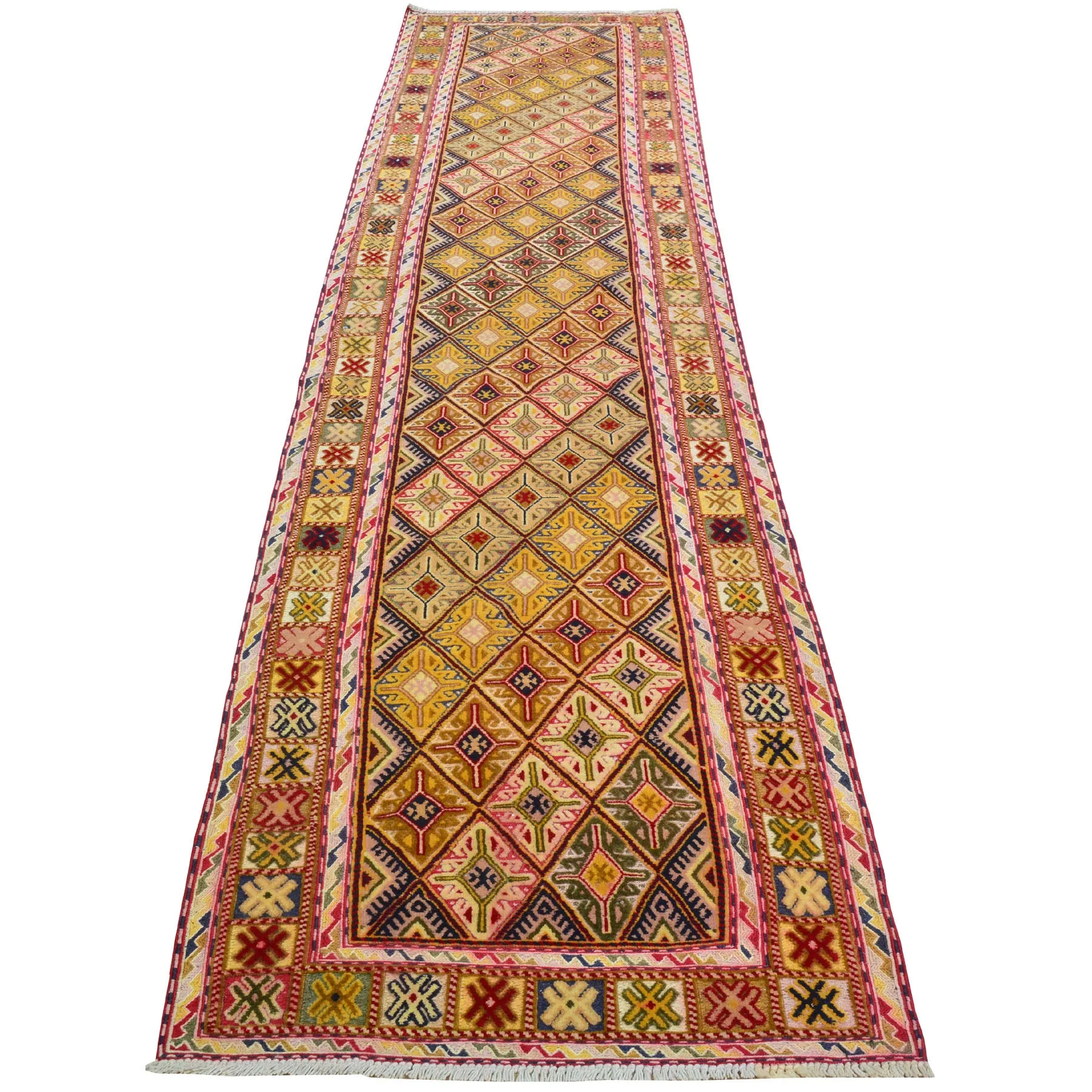 Hand-Knotted and Soumak Geometric Design Wool Rug (Size 2.4 X 11.1) Cwral-8793