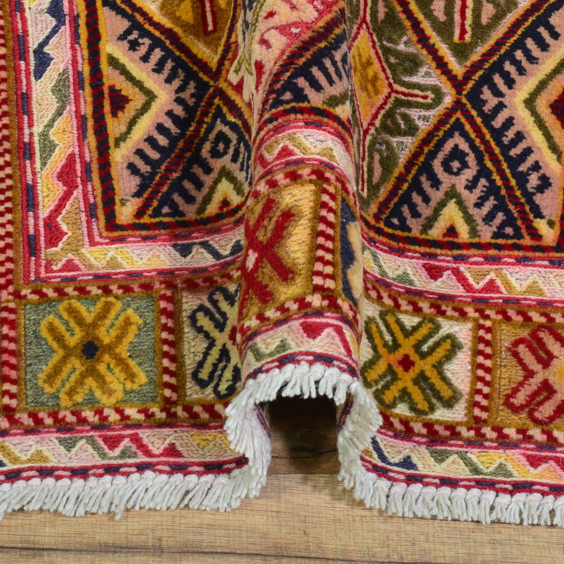 Hand-Knotted and Soumak Geometric Design Wool Rug (Size 2.4 X 11.1) Cwral-8793