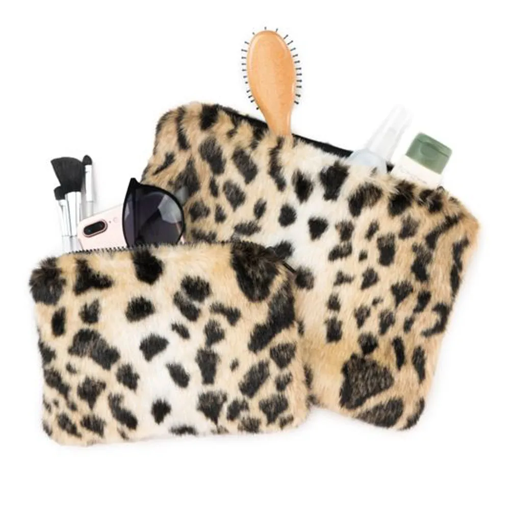 Leopard Faux Fur Travel Pouches | Set of Two
