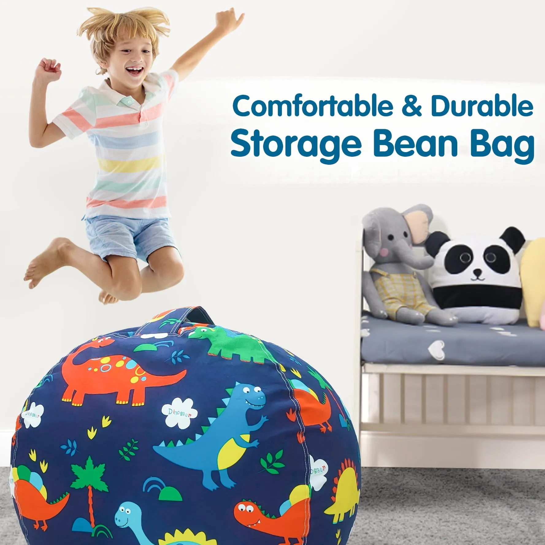 Lukeight Stuffed Storage Bean Bag Chair Cover for Kids, Dinosaur Zipper Beanbag Chair Cover