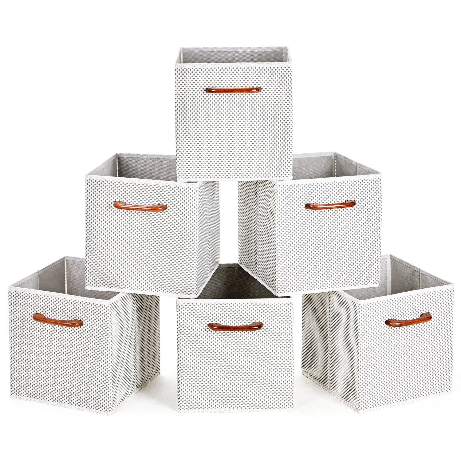 MaidMAX Foldable Storage Cubes, Set of 6 Decorative Fabric Storage Bins Containers Organizers Drawers with Wood Handles for Shelves Clothes Closet Kids Bedroom, Gray Polka Dot