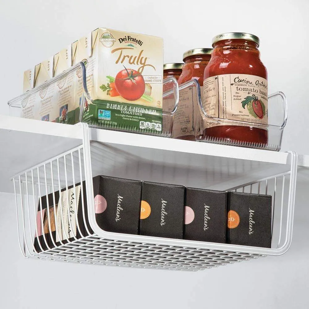 mDesign Household Metal Under Shelf Hanging Storage Bin Basket with Open Front for Organizing Kitchen Cabinets, Cupboards, Pantries, Shelves - Large, 2 Pack - White