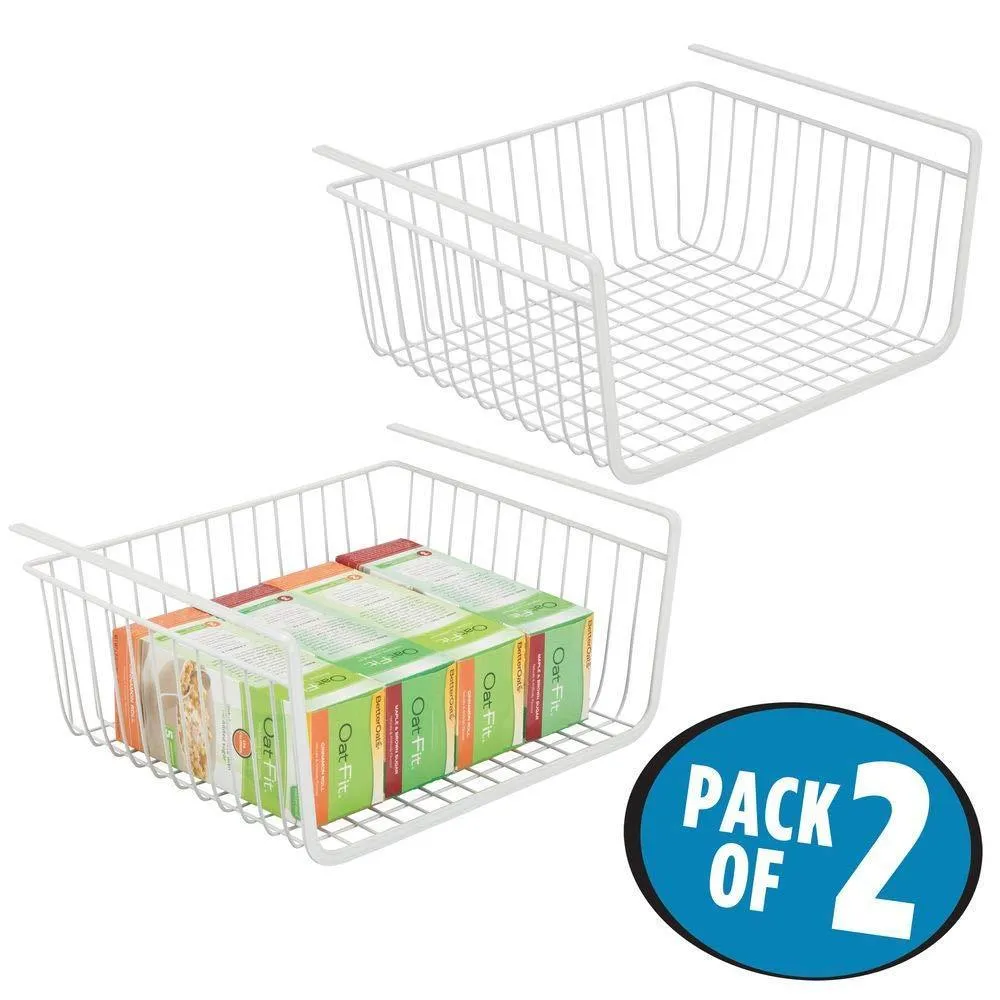mDesign Household Metal Under Shelf Hanging Storage Bin Basket with Open Front for Organizing Kitchen Cabinets, Cupboards, Pantries, Shelves - Large, 2 Pack - White