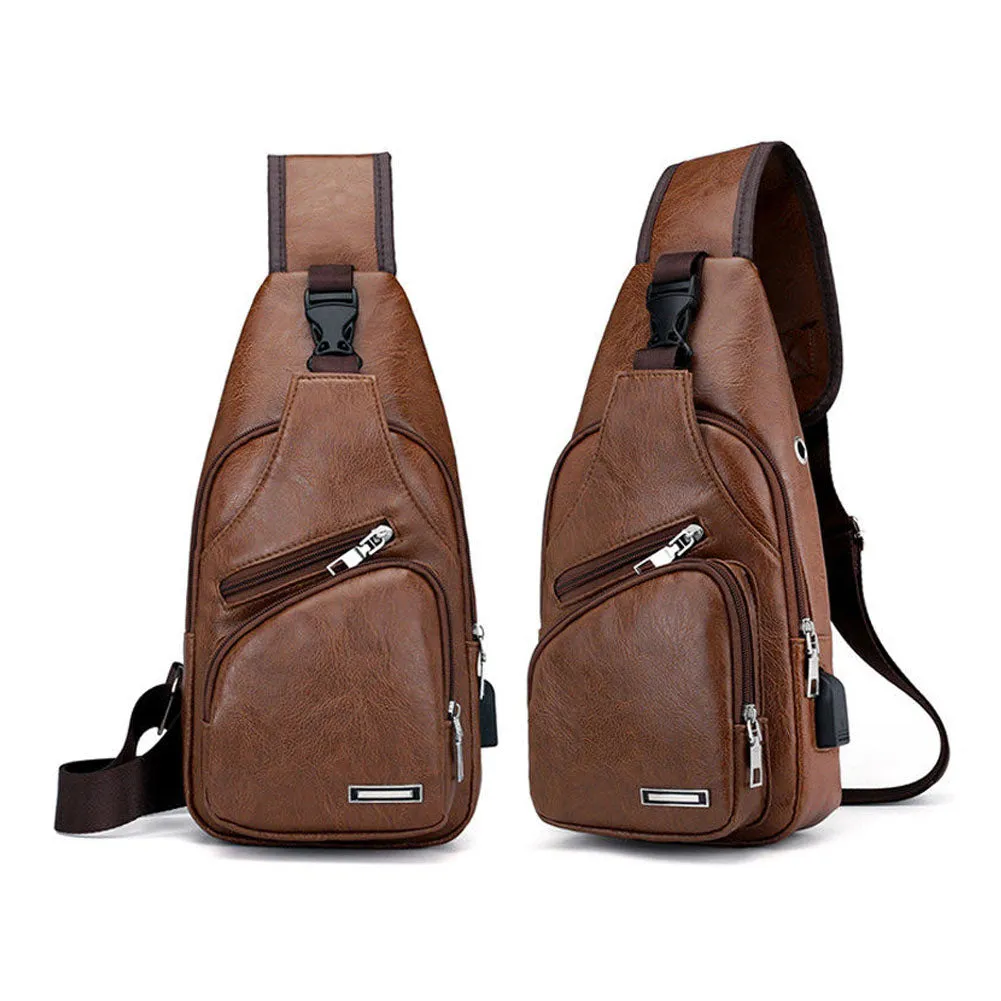 Men's Leather Sling Pack Chest Shoulder Crossbody Bag