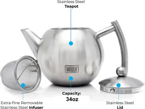 New Venoly Stainless Steel Tea Pot with Removable Infuser for Loose Leaf and Tea Bags, Dishwasher Safe and Heat Resistant, 34 Ounce!