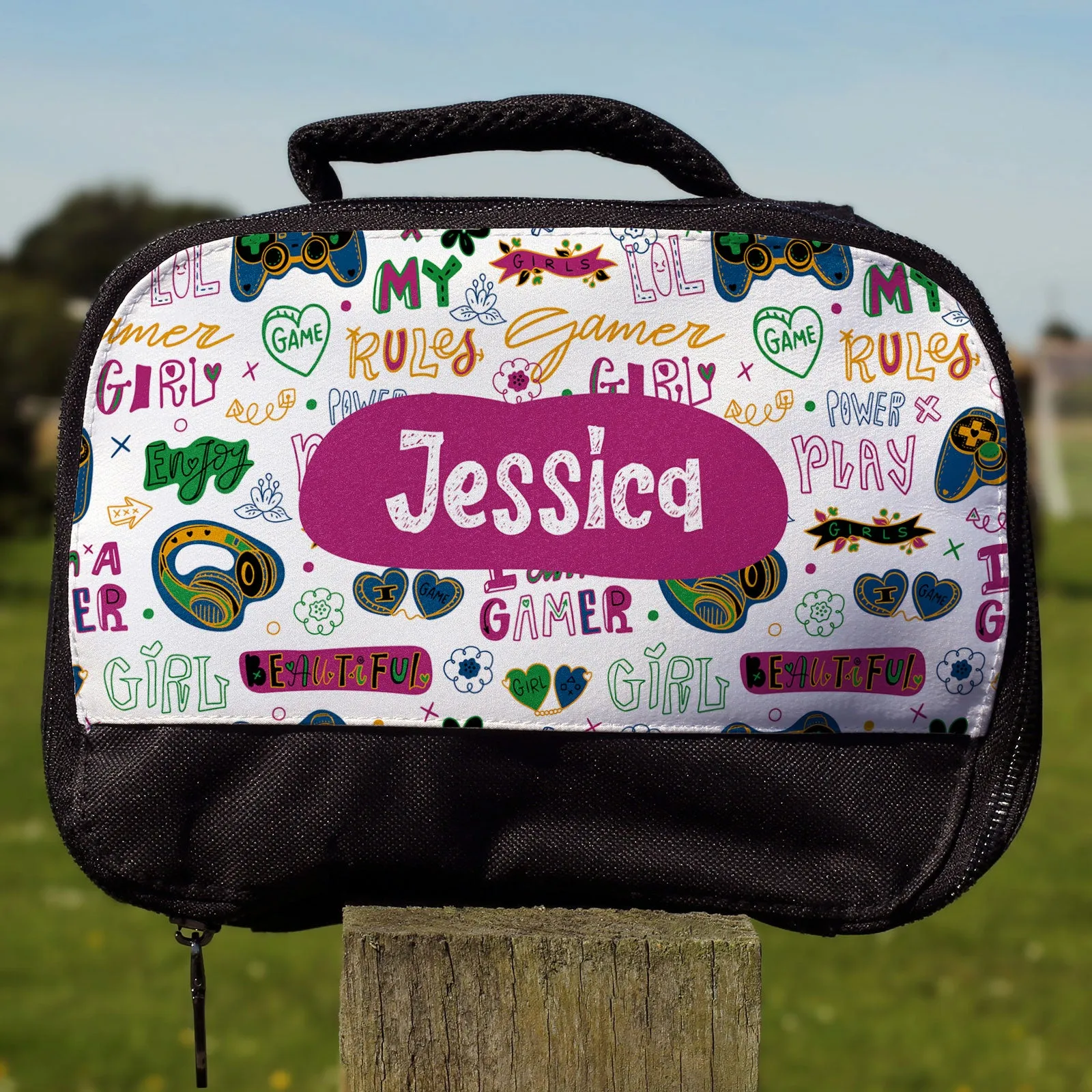 Personalised Lunch Bag with Gamer Girl Sticker Bomb & Name