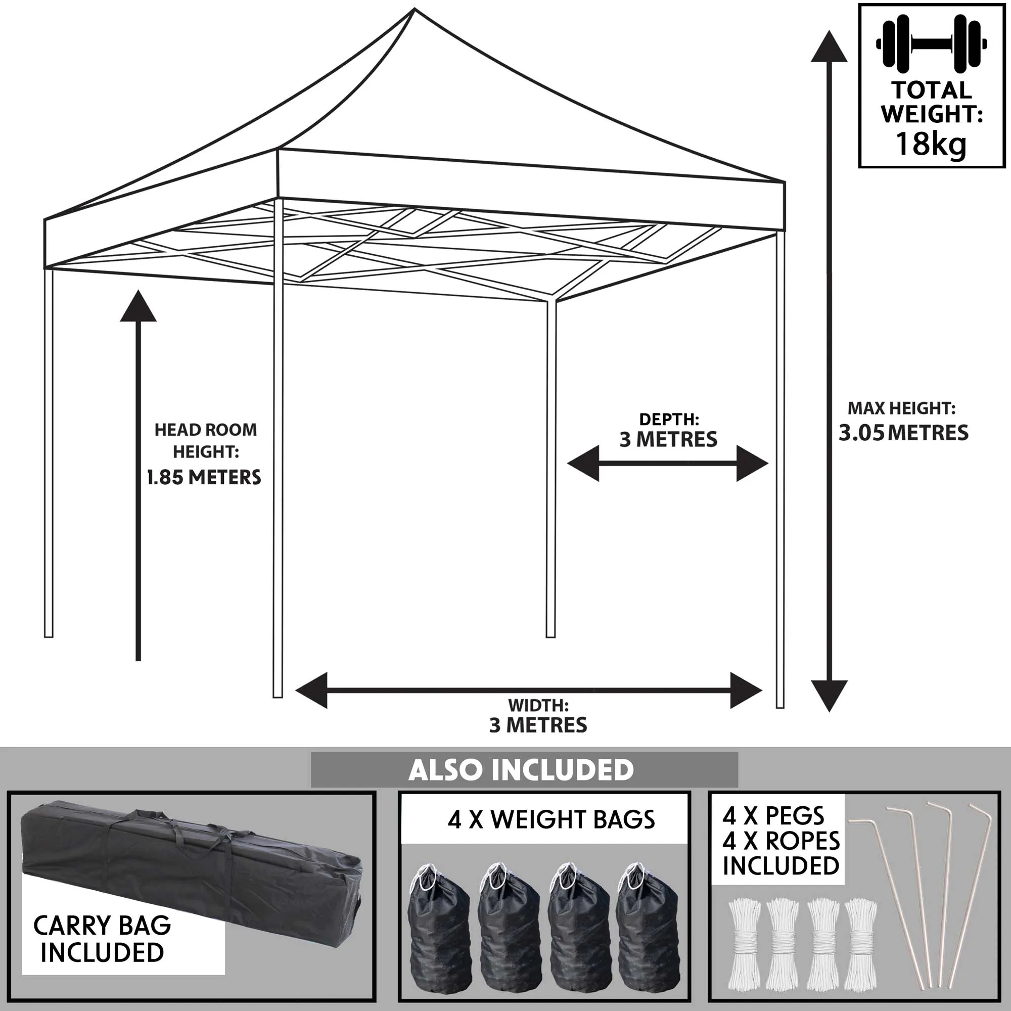 Premium 3x3m Pop-Up Gazebo, Water Resistant, Carry Bag, Stakes & Weight Bags - Blue - DG131