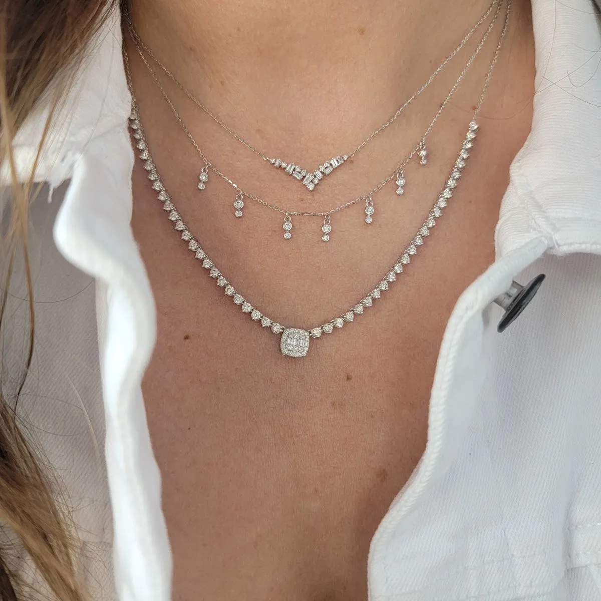 Single Cushion Diamond Baguette Cluster Halfway Tennis Necklace