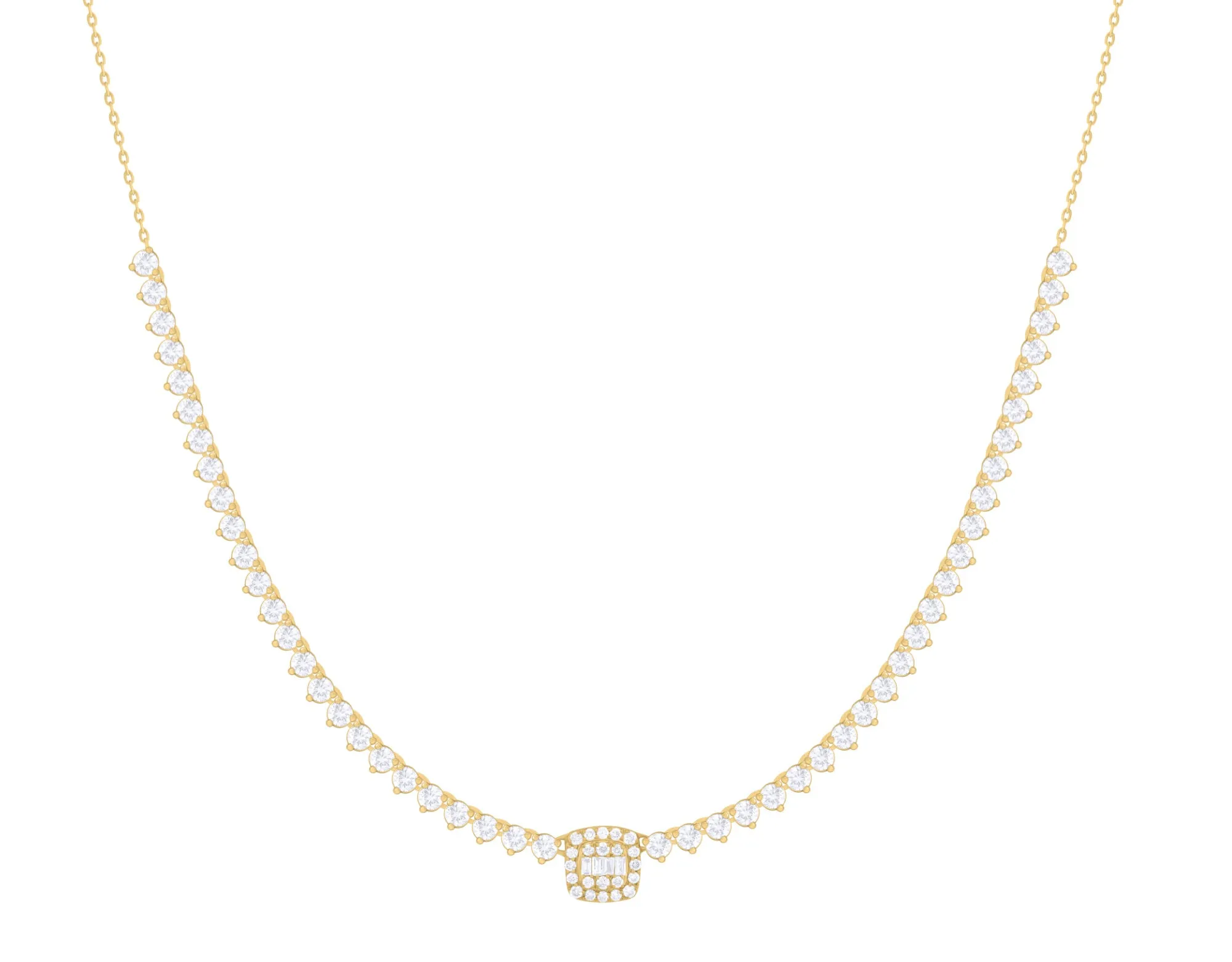 Single Cushion Diamond Baguette Cluster Halfway Tennis Necklace