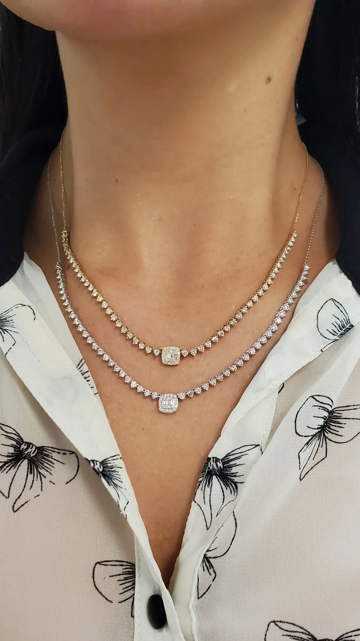 Single Cushion Diamond Baguette Cluster Halfway Tennis Necklace