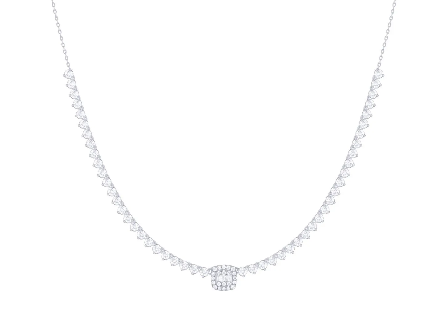 Single Cushion Diamond Baguette Cluster Halfway Tennis Necklace