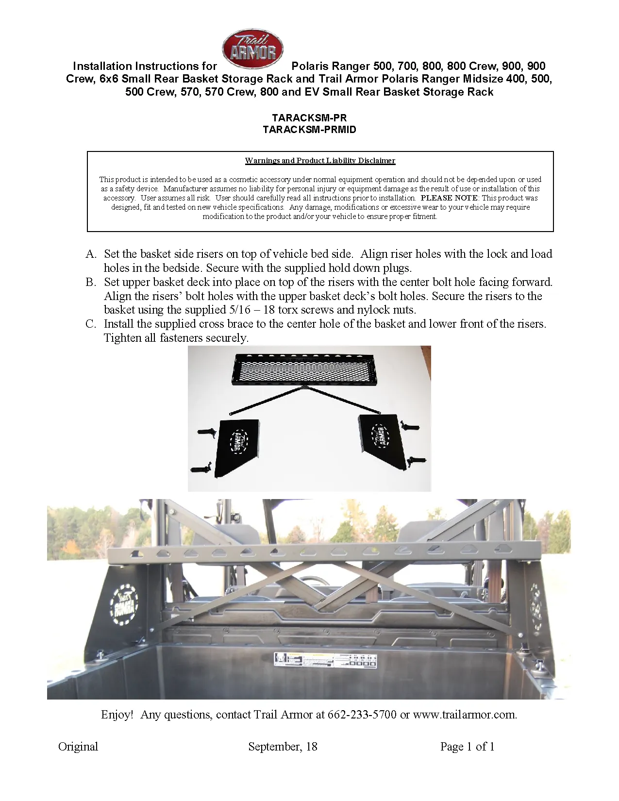Trail Armor Polaris 500, 700, 800, 800 Crew, 900 Diesel, 900 Diesel Crew, 800 6x6, 900 XP, 900 XP Crew, 570 XP, 570 XP Crew, 570, 570-6 Crew, 1000 Diesel, 1000 Diesel Crew, 1000 XP, 1000 XP Crew, 1000, 1000 Crew, Kinetic XP Small Rear Storage Rack