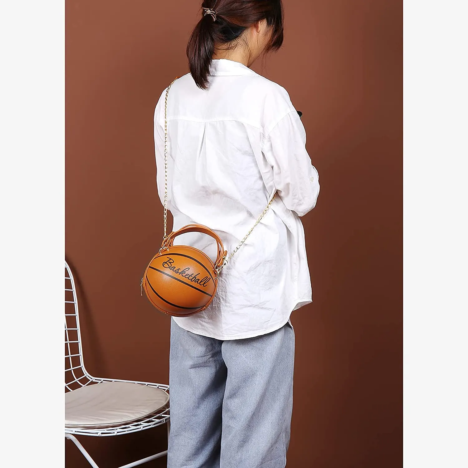 Women's Basketball Shoulder Bag Messenger Bag Handbag Mini Round Bag PU Bag, Zipper closure, Handbag for Women