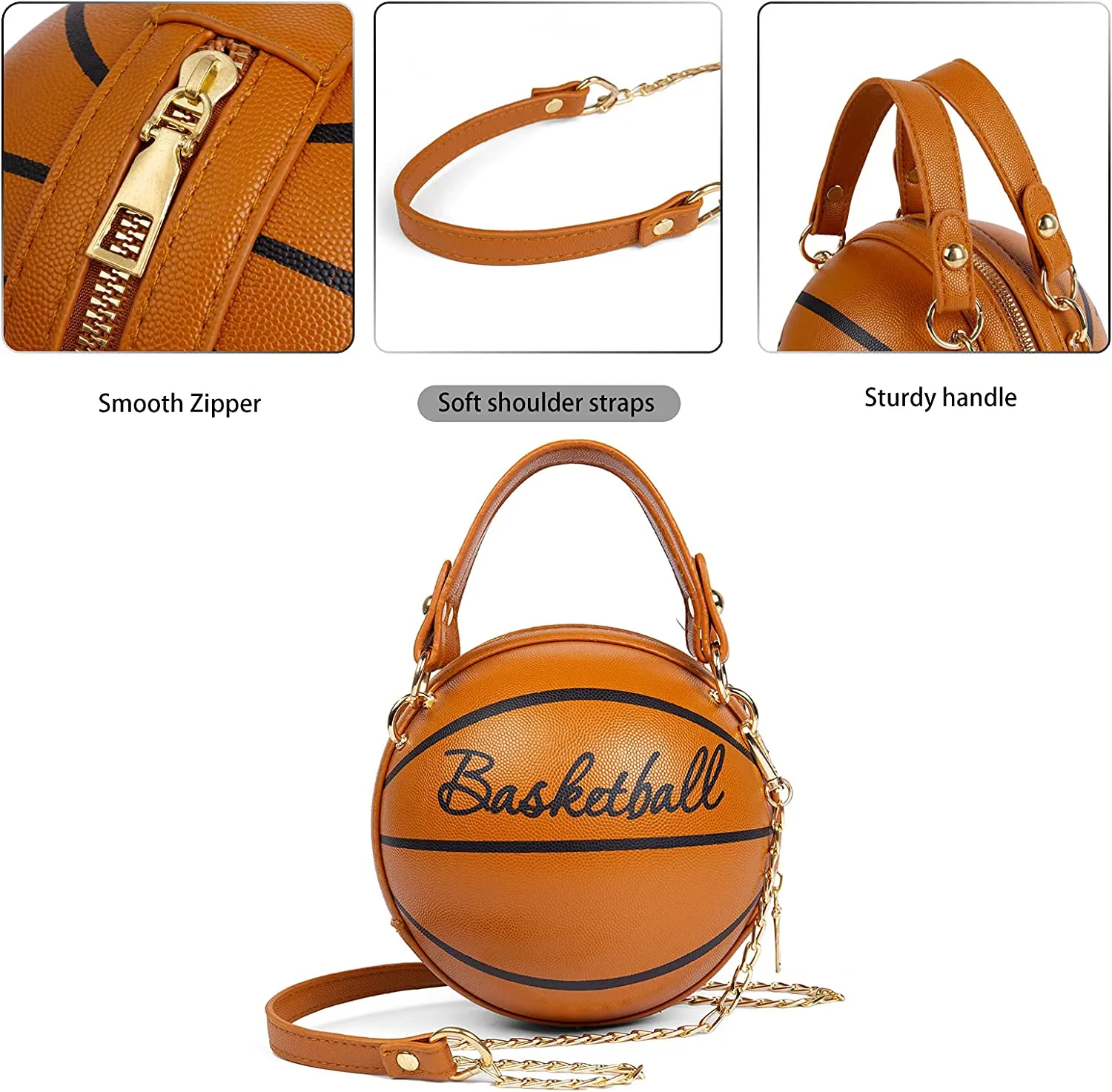 Women's Basketball Shoulder Bag Messenger Bag Handbag Mini Round Bag PU Bag, Zipper closure, Handbag for Women