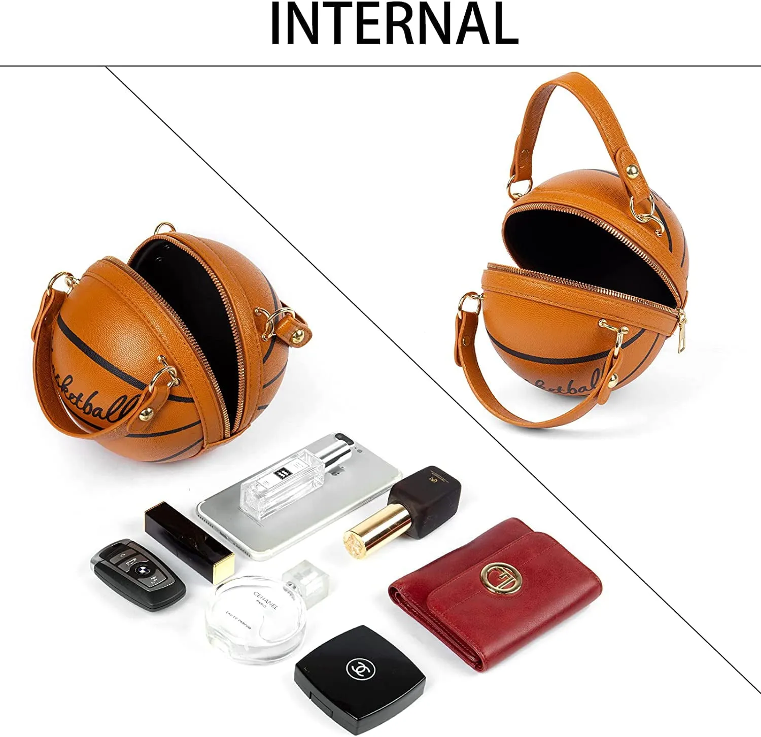 Women's Basketball Shoulder Bag Messenger Bag Handbag Mini Round Bag PU Bag, Zipper closure, Handbag for Women