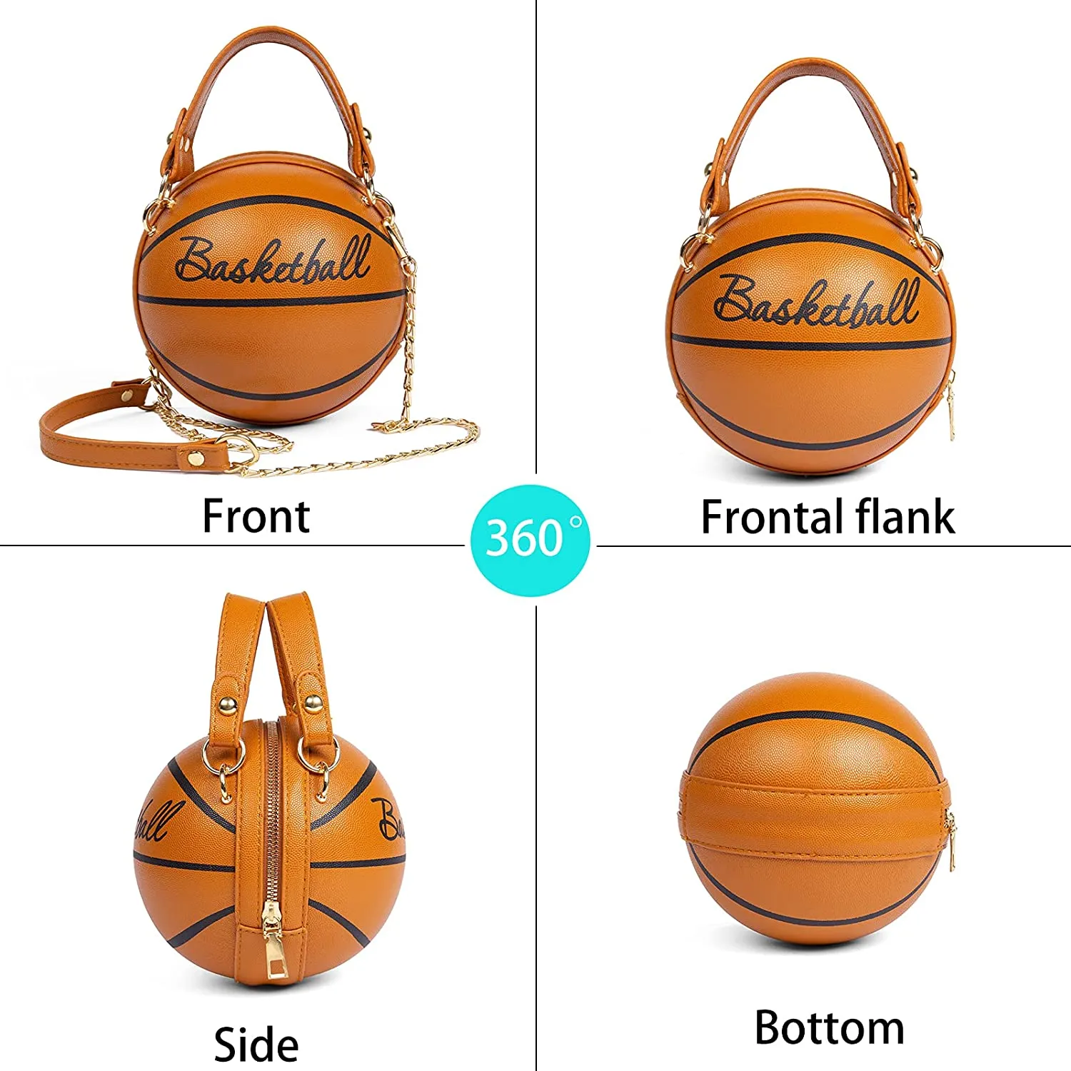 Women's Basketball Shoulder Bag Messenger Bag Handbag Mini Round Bag PU Bag, Zipper closure, Handbag for Women